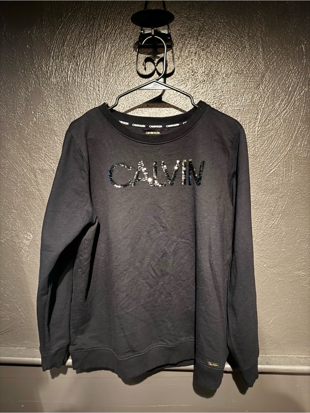 Calvin Klein Black Crewneck Sweater with Sequin 'CALVIN' Logo
